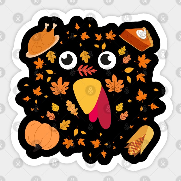 Cute Turkey Face With Autumn Leaves and Thanksgiving Food Sticker by Creatifly Graphic Tees